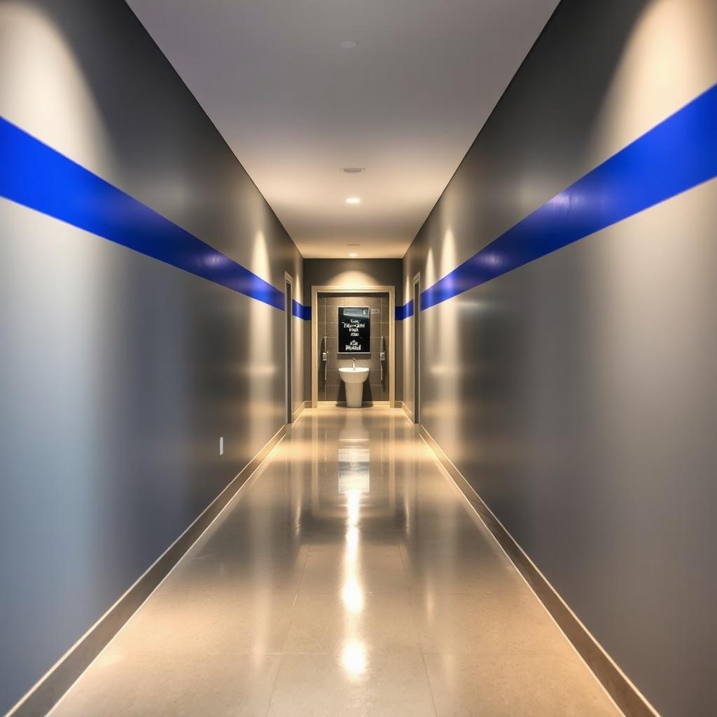A long and narrow hallway leading to a small gym bathroom, featuring an elegant color palette of silver gray and royal blue