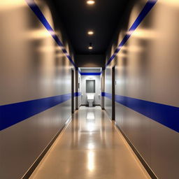 A long and narrow hallway leading to a small gym bathroom, featuring an elegant color palette of silver gray and royal blue