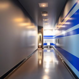 A long and narrow hallway leading to a small gym bathroom, featuring an elegant color palette of silver gray and royal blue
