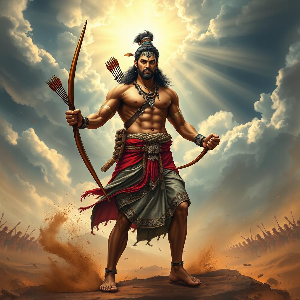 A stunning depiction of Arjuna, the legendary warrior from the Mahabharata, standing heroically on a battlefield