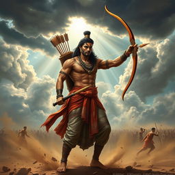 A stunning depiction of Arjuna, the legendary warrior from the Mahabharata, standing heroically on a battlefield