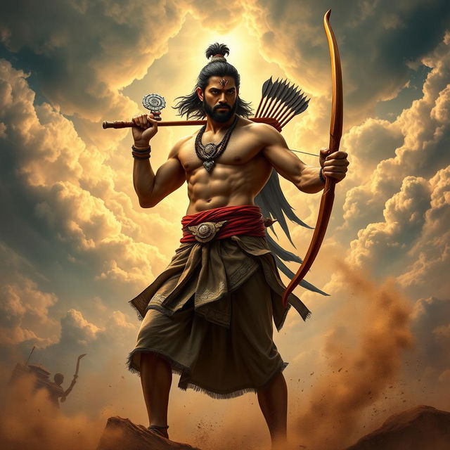 A stunning depiction of Arjuna, the legendary warrior from the Mahabharata, standing heroically on a battlefield