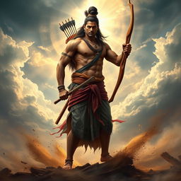 A stunning depiction of Arjuna, the legendary warrior from the Mahabharata, standing heroically on a battlefield
