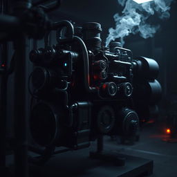 A dark, intricate mechanical engine designed for an industrial setting, featuring components such as gears, pistons, and pipes, all finished in a matte black with deep shadows