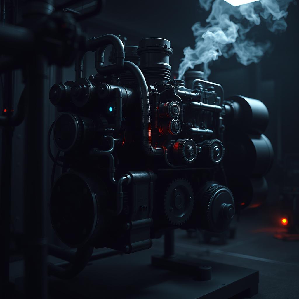 A dark, intricate mechanical engine designed for an industrial setting, featuring components such as gears, pistons, and pipes, all finished in a matte black with deep shadows