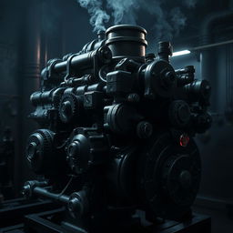 A dark, intricate mechanical engine designed for an industrial setting, featuring components such as gears, pistons, and pipes, all finished in a matte black with deep shadows