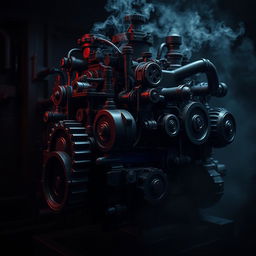A dark, intricate mechanical engine designed for an industrial setting, featuring components such as gears, pistons, and pipes, all finished in a matte black with deep shadows