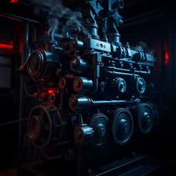 A dark, intricate mechanical engine designed for an industrial setting, featuring components such as gears, pistons, and pipes, all finished in a matte black with deep shadows