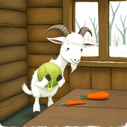Inside a cozy wooden cabin during winter, with no snow outside, a fluffy white goat curiously holds a crisp green cabbage in its hooves
