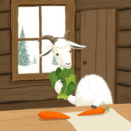 Inside a cozy wooden cabin during winter, with no snow outside, a fluffy white goat curiously holds a crisp green cabbage in its hooves