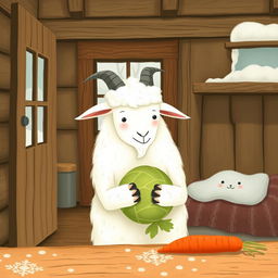 Inside a cozy wooden cabin during winter, with no snow outside, a fluffy white goat is holding a fresh green cabbage in its hooves, looking curiously at a vibrant orange carrot placed on the table nearby