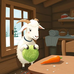 Inside a cozy wooden cabin during winter, with no snow outside, a fluffy white goat is holding a fresh green cabbage in its hooves, looking curiously at a vibrant orange carrot placed on the table nearby