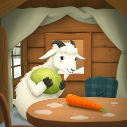 Inside a cozy wooden cabin during winter, with no snow outside, a fluffy white goat is holding a fresh green cabbage in its hooves, looking curiously at a vibrant orange carrot placed on the table nearby