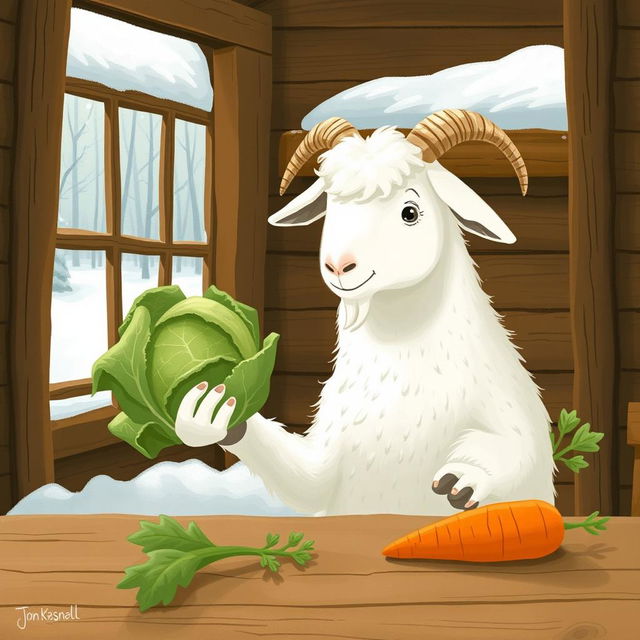 Inside a cozy wooden cabin during winter, with no snow outside, a fluffy white goat is holding a fresh green cabbage in its hooves, looking curiously at a vibrant orange carrot placed on the table nearby