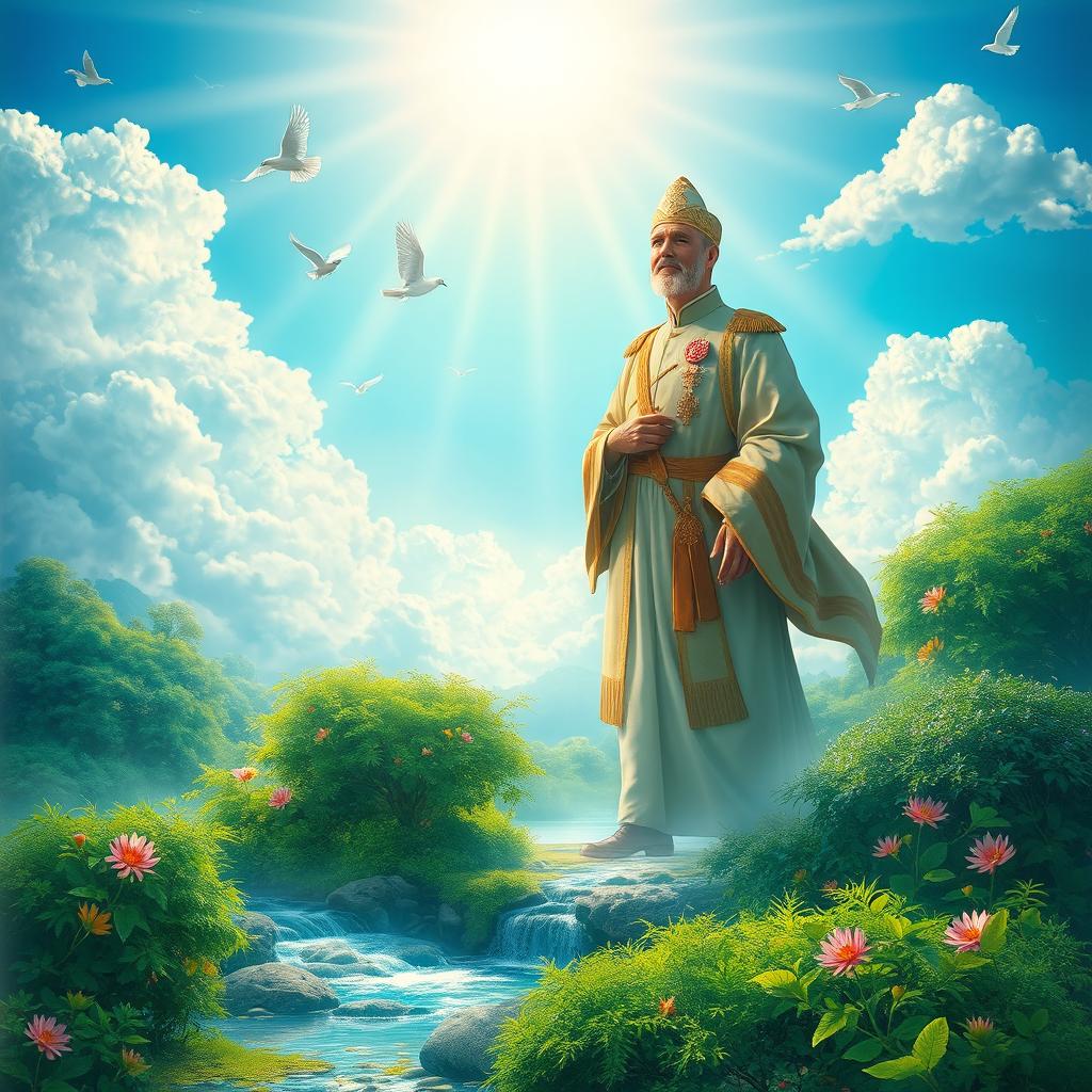 A serene and beautiful depiction of a figure resembling a revered military leader in a celestial paradise