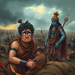 A poignant scene on the battlefield illustrating Arjuna in a moment of desperation, his face displaying a whining expression with furrowed brows and wide, confused eyes