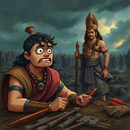 A poignant scene on the battlefield illustrating Arjuna in a moment of desperation, his face displaying a whining expression with furrowed brows and wide, confused eyes