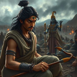 A poignant scene on the battlefield illustrating Arjuna in a moment of desperation, his face displaying a whining expression with furrowed brows and wide, confused eyes