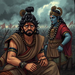 A poignant scene on the battlefield illustrating Arjuna in a moment of desperation, his face displaying a whining expression with furrowed brows and wide, confused eyes