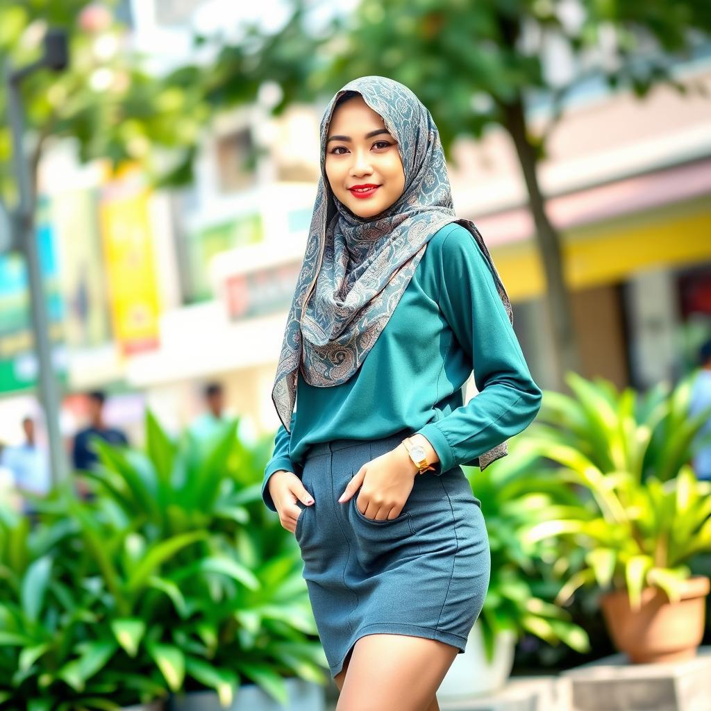A beautiful Indonesian woman wearing a stylish hijab and a short skirt, showcasing her fair skin