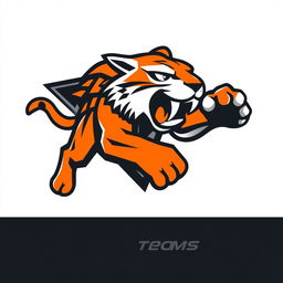 A dynamic and energetic sports logo featuring a stylized animal mascot, such as a fierce tiger, in mid-leap
