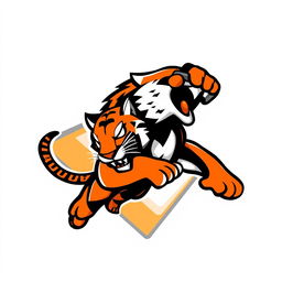 A dynamic and energetic sports logo featuring a stylized animal mascot, such as a fierce tiger, in mid-leap