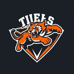 A dynamic and energetic sports logo featuring a stylized animal mascot, such as a fierce tiger, in mid-leap