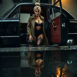 A seductive and suggestive fashion shoot featuring a sexy blonde model with her hair styled in a bun and captivating blue eyes