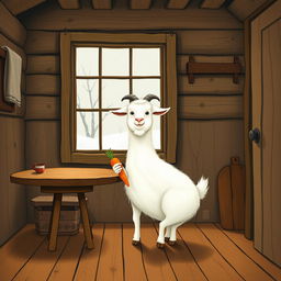 Inside a warm wooden cabin during winter, with no snow outside, a fluffy white goat stands excitedly by a table, holding a bright orange carrot in its hooves