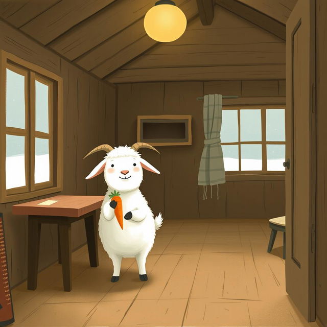 Inside a warm wooden cabin during winter, with no snow outside, a fluffy white goat stands excitedly by a table, holding a bright orange carrot in its hooves