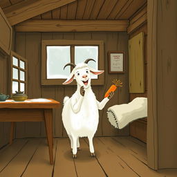 Inside a warm wooden cabin during winter, with no snow outside, a fluffy white goat stands excitedly by a table, holding a bright orange carrot in its hooves
