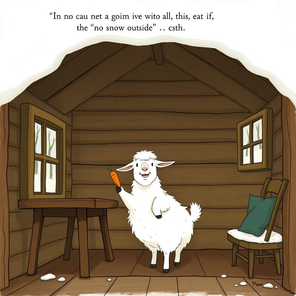 Inside a warm wooden cabin during winter, with no snow outside, a fluffy white goat stands excitedly by a table, holding a bright orange carrot in its hooves