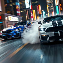 A thrilling street racing scene featuring a BMW M3 GTR, known for its iconic blue and white paint scheme, alongside a powerful Ford Mustang GT in a dynamic urban environment