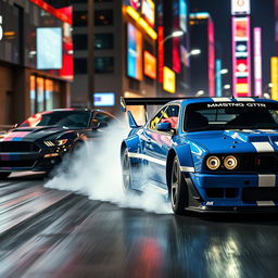 A thrilling street racing scene featuring a BMW M3 GTR, known for its iconic blue and white paint scheme, alongside a powerful Ford Mustang GT in a dynamic urban environment