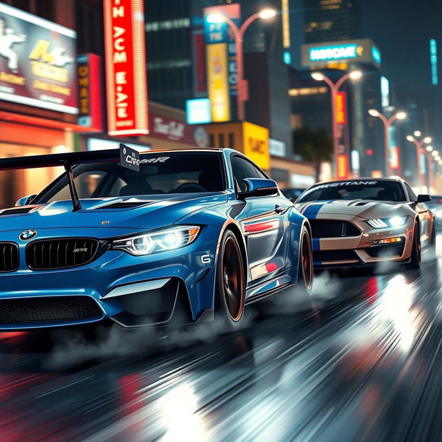 A thrilling street racing scene featuring a BMW M3 GTR, known for its iconic blue and white paint scheme, alongside a powerful Ford Mustang GT in a dynamic urban environment