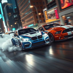 A thrilling street racing scene featuring a BMW M3 GTR, known for its iconic blue and white paint scheme, alongside a powerful Ford Mustang GT in a dynamic urban environment