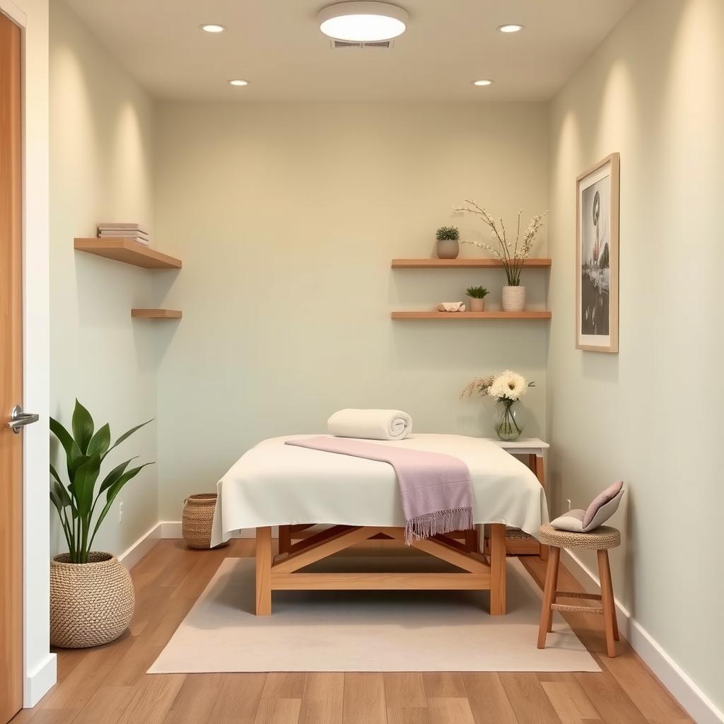 A cozy small massage area within a gym studio, featuring a calming color palette that includes soft pastels and earthy tones
