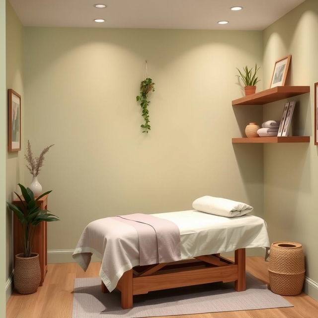 A cozy small massage area within a gym studio, featuring a calming color palette that includes soft pastels and earthy tones