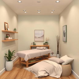 A cozy small massage area within a gym studio, featuring a calming color palette that includes soft pastels and earthy tones