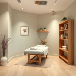 A cozy small massage area within a gym studio, featuring a calming color palette that includes soft pastels and earthy tones