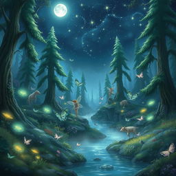 An enchanting fantasy landscape depicting a magical forest under a starlit sky, with ethereal glowing plants and mystical creatures roaming among tall, ancient trees