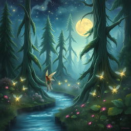 An enchanting fantasy landscape depicting a magical forest under a starlit sky, with ethereal glowing plants and mystical creatures roaming among tall, ancient trees