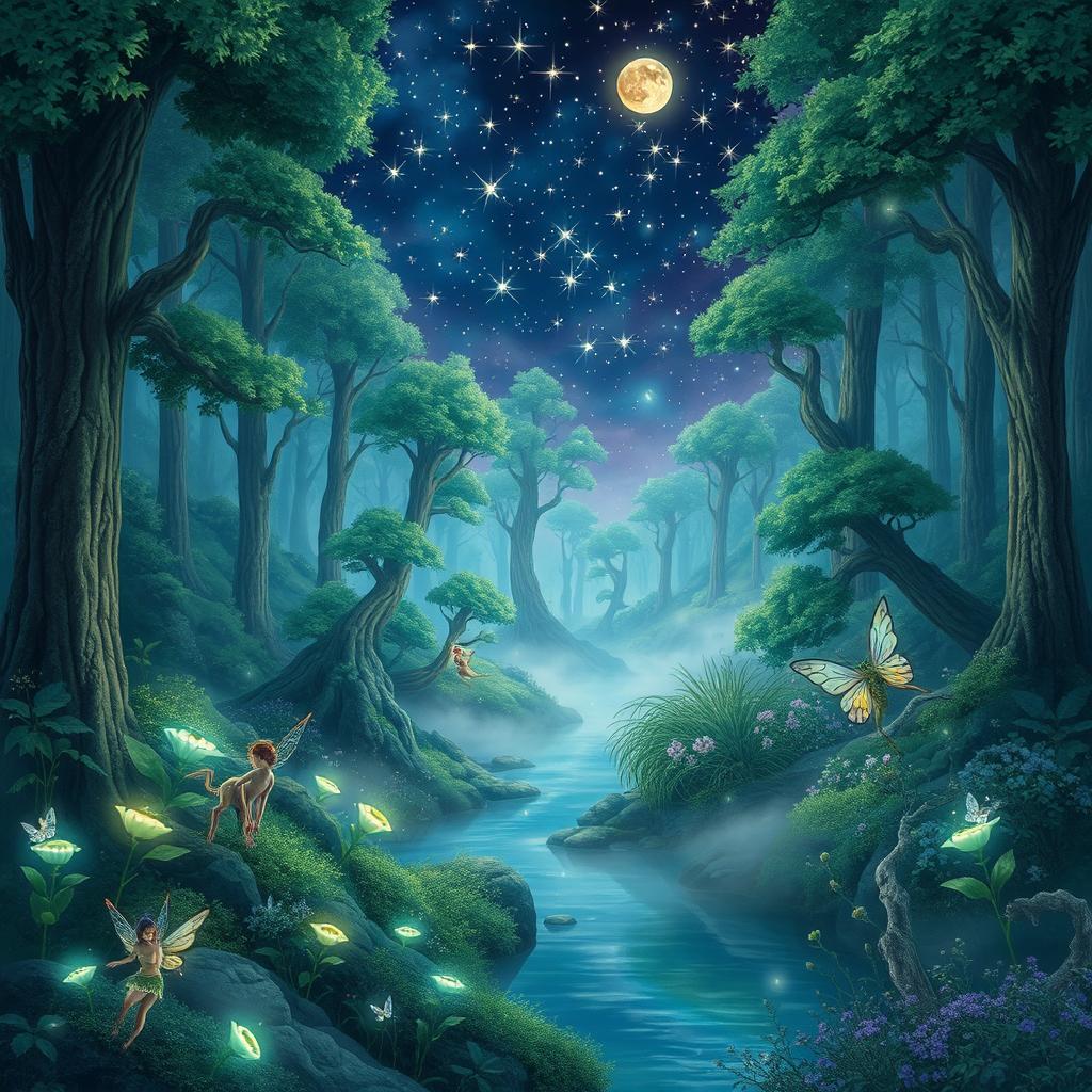 An enchanting fantasy landscape depicting a magical forest under a starlit sky, with ethereal glowing plants and mystical creatures roaming among tall, ancient trees