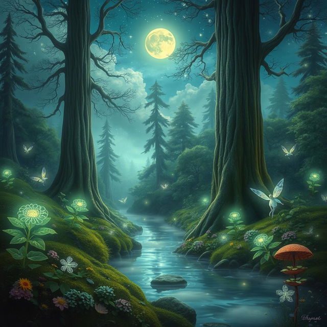 An enchanting fantasy landscape depicting a magical forest under a starlit sky, with ethereal glowing plants and mystical creatures roaming among tall, ancient trees