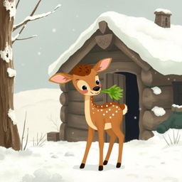 In a winter landscape blanketed with fresh snow, a charming brown fawn stands outside a rustic wooden cabin, playfully holding a vibrant green vegetable in its mouth