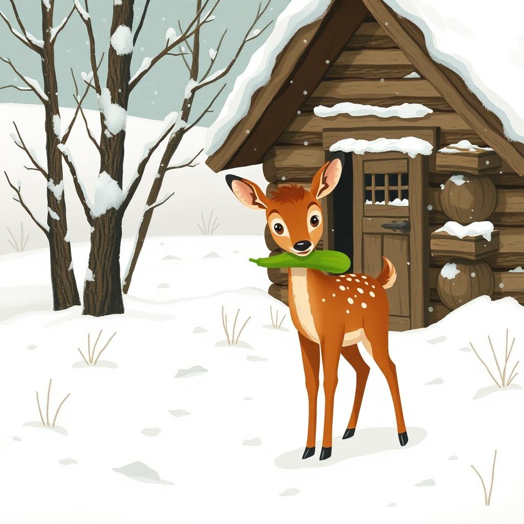 In a winter landscape blanketed with fresh snow, a charming brown fawn stands outside a rustic wooden cabin, playfully holding a vibrant green vegetable in its mouth