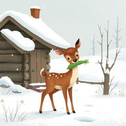 In a winter landscape blanketed with fresh snow, a charming brown fawn stands outside a rustic wooden cabin, playfully holding a vibrant green vegetable in its mouth