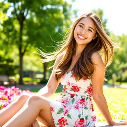 A stylish young woman with long flowing hair sitting in a sunny park, wearing a fashionable summer dress with floral patterns