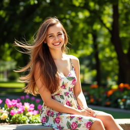 A stylish young woman with long flowing hair sitting in a sunny park, wearing a fashionable summer dress with floral patterns