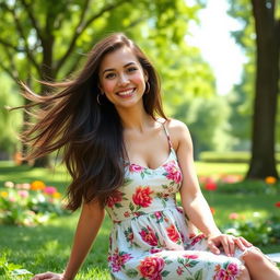 A stylish young woman with long flowing hair sitting in a sunny park, wearing a fashionable summer dress with floral patterns